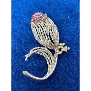 Vintage Art Gold Tone Brooch With Red & Clear Rhinestones Floral Design 3.25 Inc